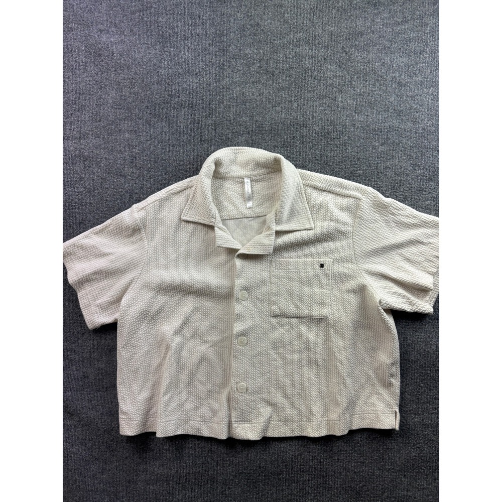 Fabletics Button Down Shirt Womens XXL Cream Textured Cropped Short Sleeve